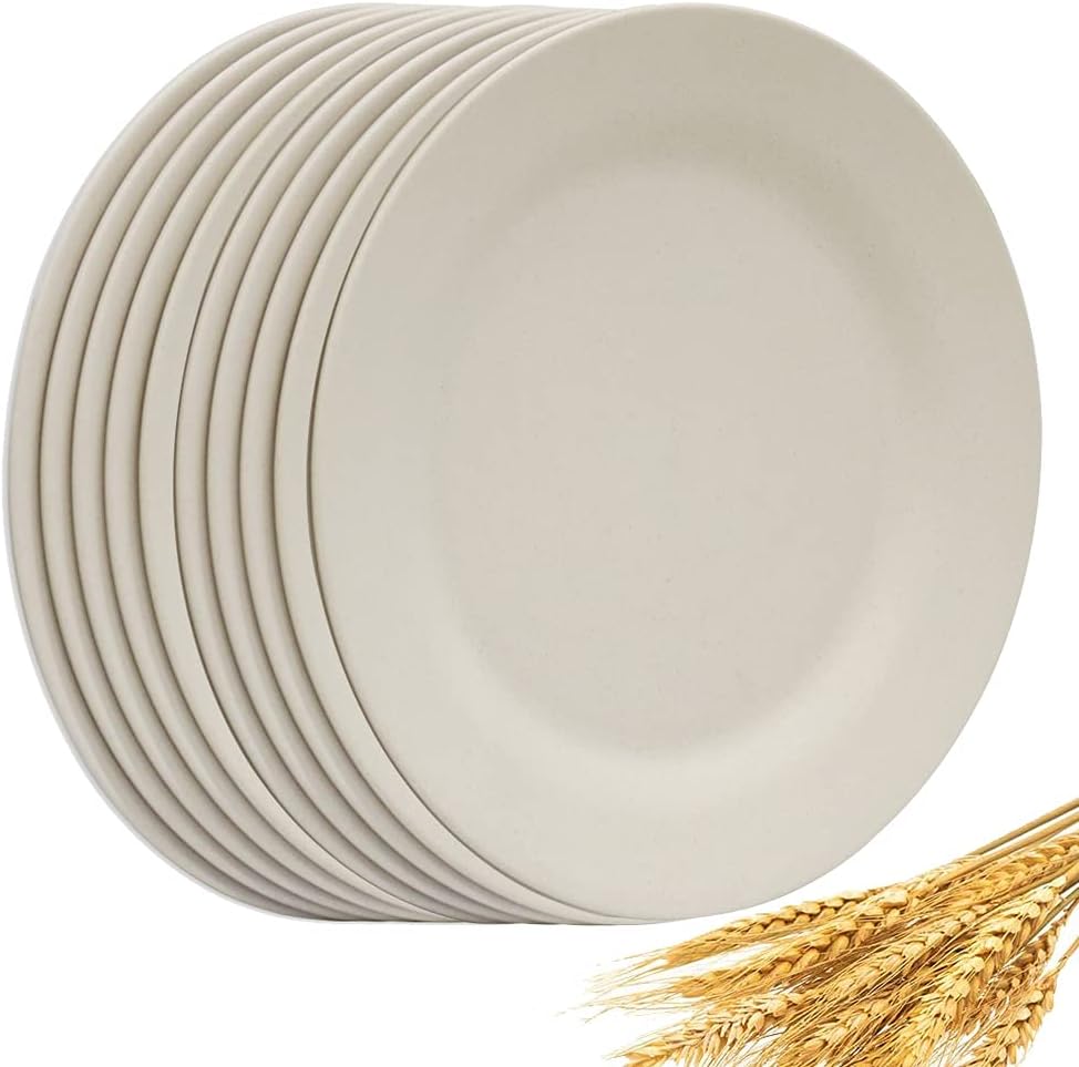 Set of 10 Large Dinner Plates 11 Inch, Reusable Wheat Straw Dessert Dishes, Round Pasta Salad Serving Plate, Unbreakable Kids Fiber Tableware for Party Steak Pizza (Beige)