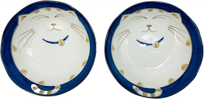 JapanBargain 2562, Japanese Porcelain Soup Bowls Shallow Bowl for Cereal Rice Salad Appetizer and Dessert, Blue Color Maneki Neko Smiling Lucky Cat Pattern, Made in Japan, 6-1/2 inch, Pack of 2