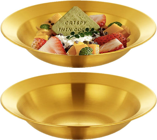 10 Inch Gold Pasta Bowls Wide Rim Unbreakable Salad Plates Salad Bowls Set for Serving Soup, Pasta, Noodle, Lightweight Dinner Plates Bowl 2 PCS Stainless Steel