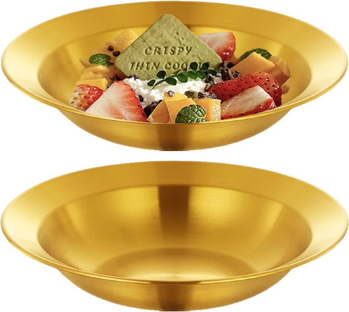Unbreakable Large Gold Serving Plate Bowl for Party Provide Food - Wide Rim Deep Large Capacity Bowl Plates for Salad Soup Pasta Noodle Fruits Serving Bowls 2 PCS Stainless Steel 14 Inch