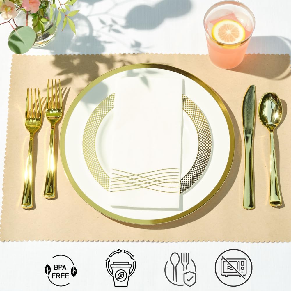 By Madee HEAVYWEIGHT White Plastic Plates with Gold Trim 175 PCS