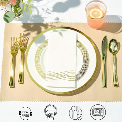 By Madee HEAVYWEIGHT White Plastic Plates with Gold Trim 175 PCS