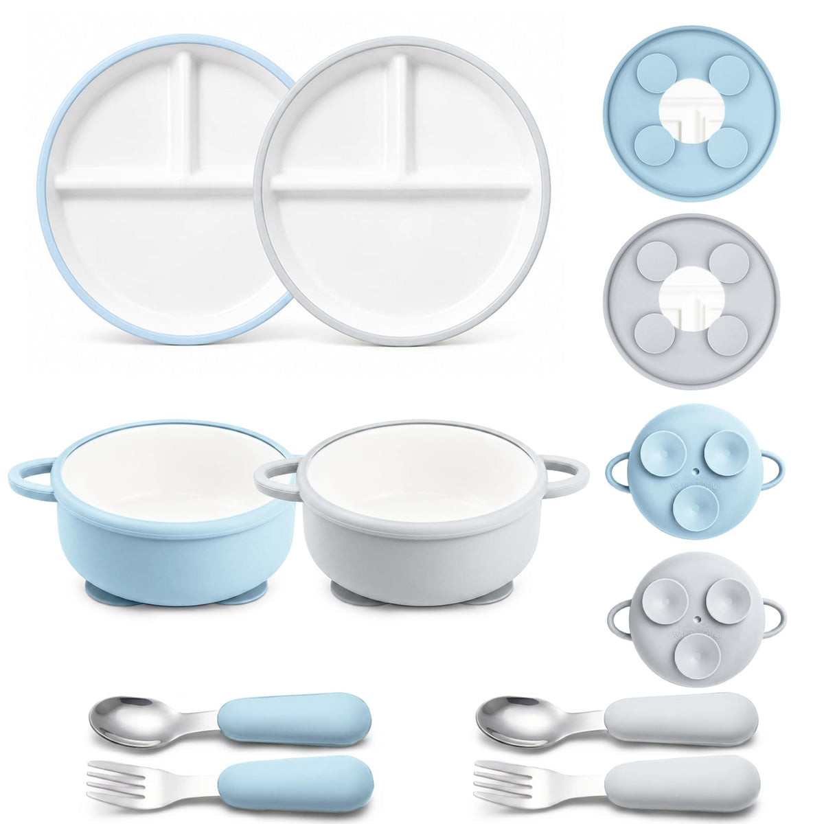Daximo 8 Pcs Ceramic Baby Plates Set with Suction Sleeves, Spoons & Forks