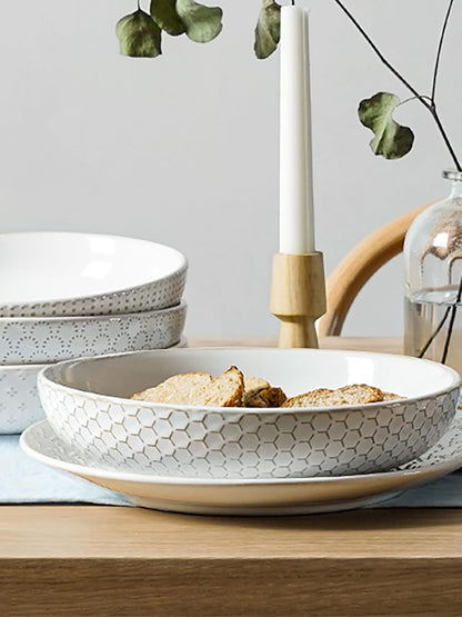 LE TAUCI Pasta Bowls 42oz, Large Salad Bowl, Ceramic Embossment Stoneware Serving Plate for Fruits, Noodle, Dinner, House-warming Wedding Present - 9 Inch, Set of 4, Arctic White