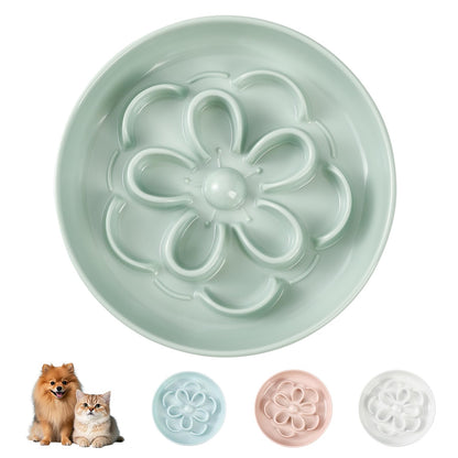 Melamine Cat Slow Feeder Bowl Set - Floral Maze Food Dishes for Cats and Small Dogs - Shallow Wide Plates for Dry & Wet Food - 3 Pack - White & Green & Blue