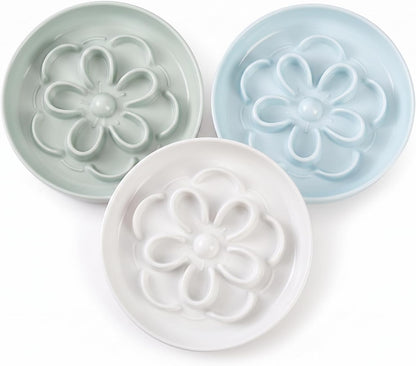 Melamine Cat Slow Feeder Bowl Set - Floral Maze Food Dishes for Cats and Small Dogs - Shallow Wide Plates for Dry & Wet Food - 3 Pack - White & Green & Blue