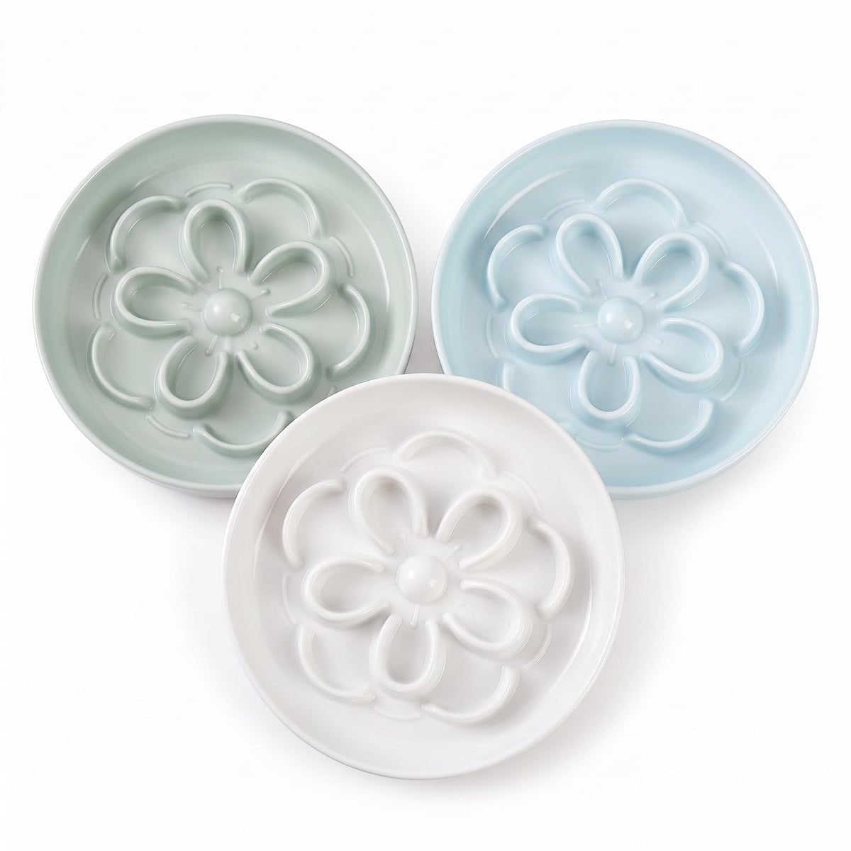 Melamine Cat Slow Feeder Bowl Set - Floral Maze Food Dishes for Cats and Small Dogs - Shallow Wide Plates for Dry & Wet Food - 3 Pack - White & Green & Blue
