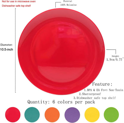 KOXIN-KARLU Melamine Plates, 10.5-inch Dinner Plates Dinnerware Dish, set of 6 in 6 Assorted Colors | 100% Melamine, Dishwasher Safe, BPA Free