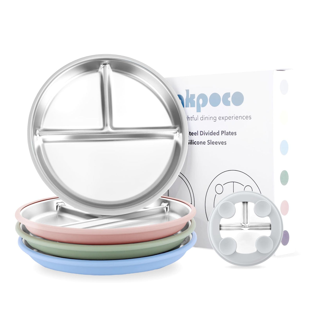 Bakpoco Stainless Steel Suction Plates for Toddlers, 8" Divided Kids Baby Plates with Removable Silicone Suction, Non Toxic Non Slip Portion Control Snack Dishes 3 Packs, Blue Gray Beige