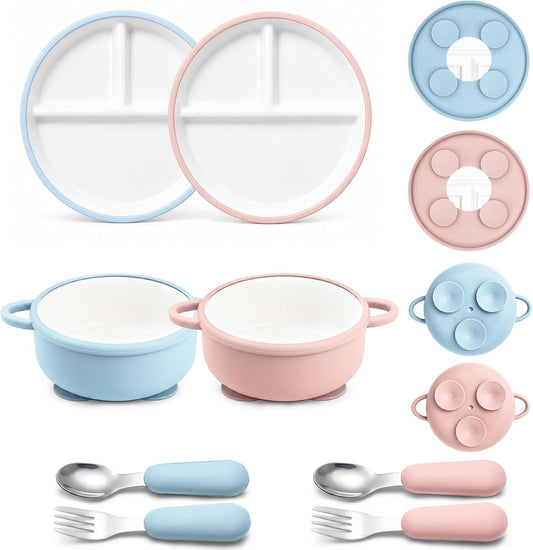 Daximo 8 Pcs Ceramic Baby Plates Set with Suction Sleeves, Spoons & Forks