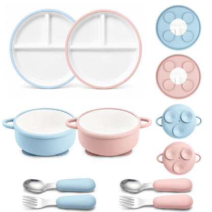 Daximo 8 Pcs Ceramic Baby Plates Set with Suction Sleeves, Spoons & Forks