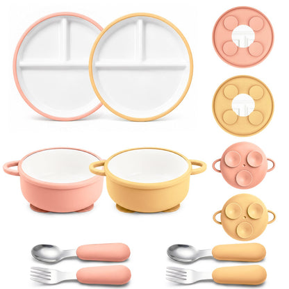 Daximo 8 Pcs Ceramic Baby Plates Set with Suction Sleeves, Spoons & Forks