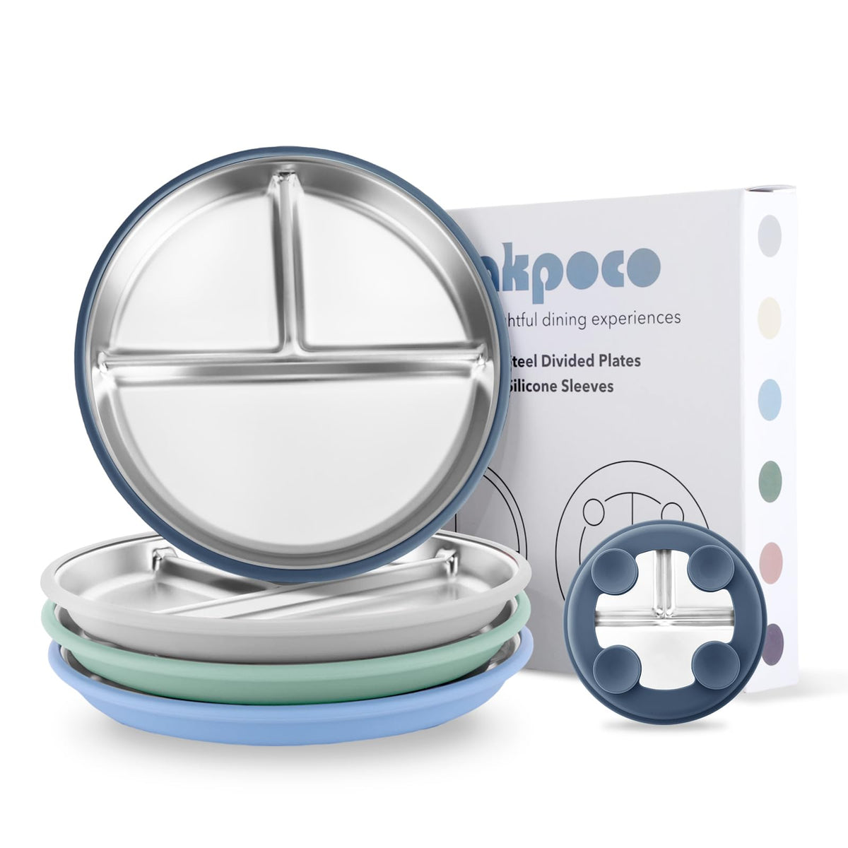 Bakpoco Stainless Steel Suction Plates for Toddlers, 8" Divided Kids Baby Plates with Removable Silicone Suction, Non Toxic Non Slip Portion Control Snack Dishes 3 Packs, Blue Gray Beige