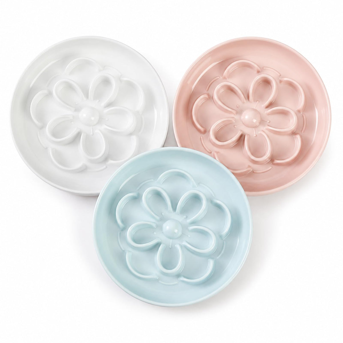 Melamine Cat Slow Feeder Bowl Set - Floral Maze Food Dishes for Cats and Small Dogs - Shallow Wide Plates for Dry & Wet Food - 3 Pack - White & Green & Blue