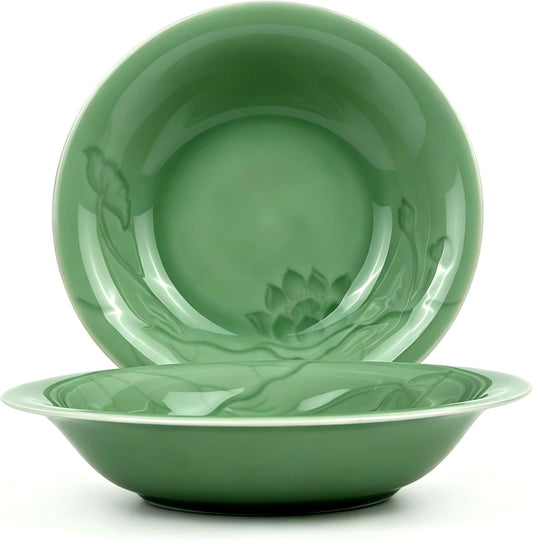 Deep Soup Plates Set of 2, 8.5" Longquan Celadon Ceramic Pasta Bowls