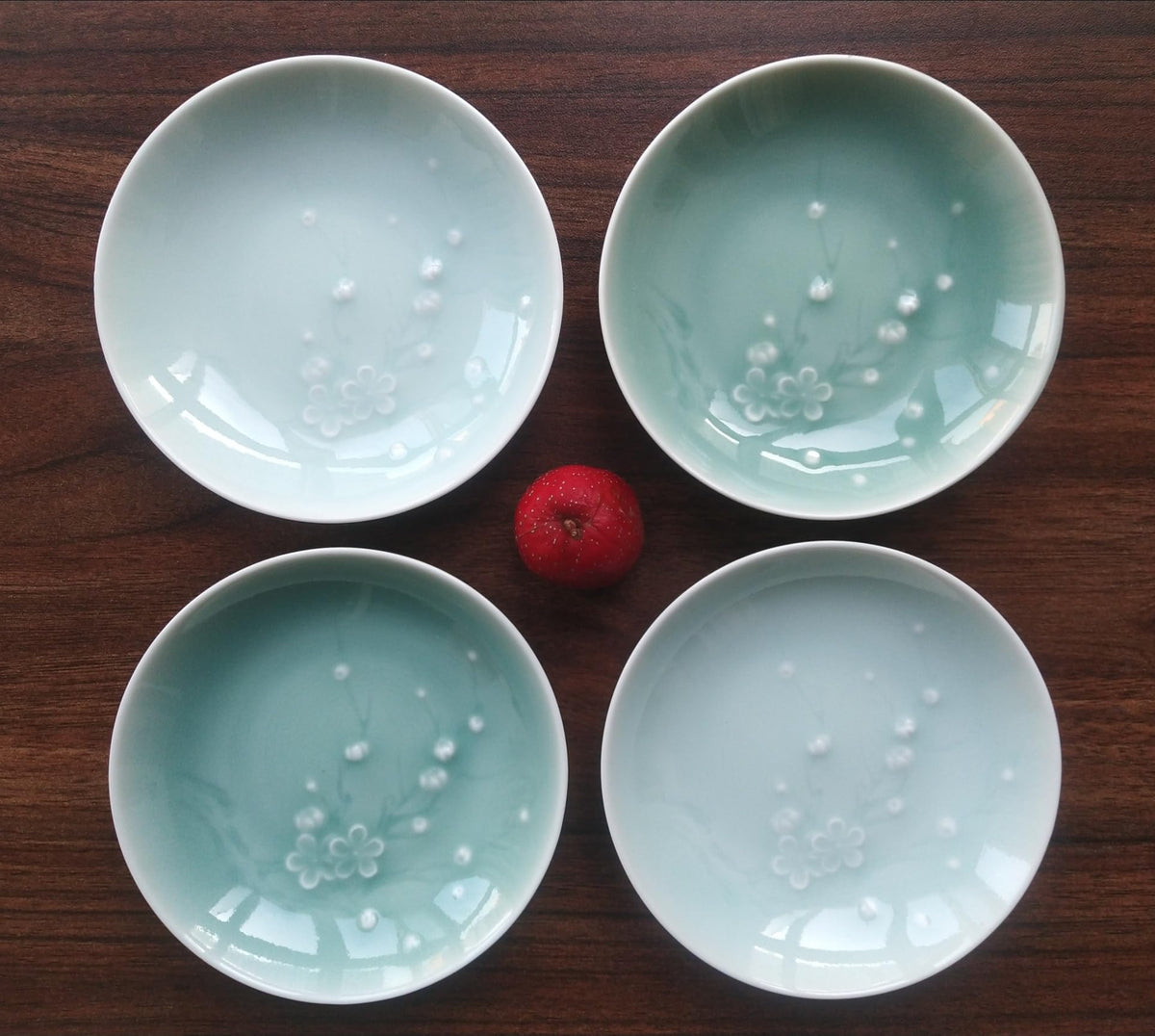 Longquan Celadon 4-inch Appetizer Plate,Vinegar Dish,Sushi Dipping Saucers,Ceramic Dessert Dishes,Natural Mineral Glaze 4 pcs(4 celadon)