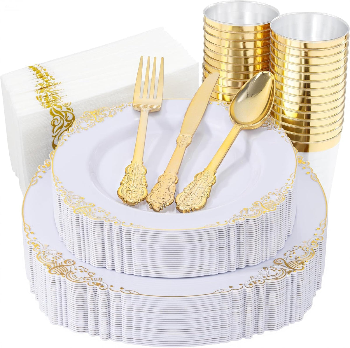 Nervure 350Pcs Gold Plastic Plates, Disposable Dinnerware Set for 50 Guests