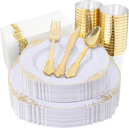 Nervure 350Pcs Gold Plastic Plates, Disposable Dinnerware Set for 50 Guests