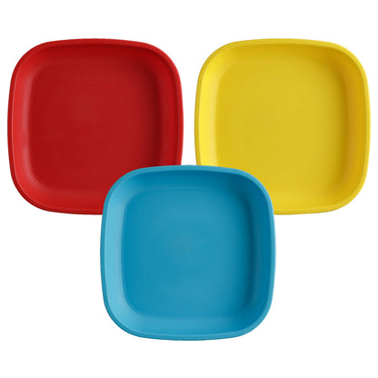 Re-Play Toddler Plates - 22 Oz. Deep-Walled Flat Kids Plates - Dishwasher & Microwave Safe - Made in USA - Set of 3-7.37" x 7.37" x 1.25" - True Blue