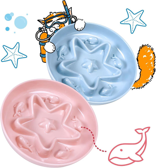 2 Pcs Cat Slow Feeder Bowl – Whisker Friendly Melamine Puzzle Feeding Cat Bowl for Slow Eating – Wet & Dry Food – Dishwasher Safe, Lightweight, Non-Slip (Blue + Pink, 6.3'')