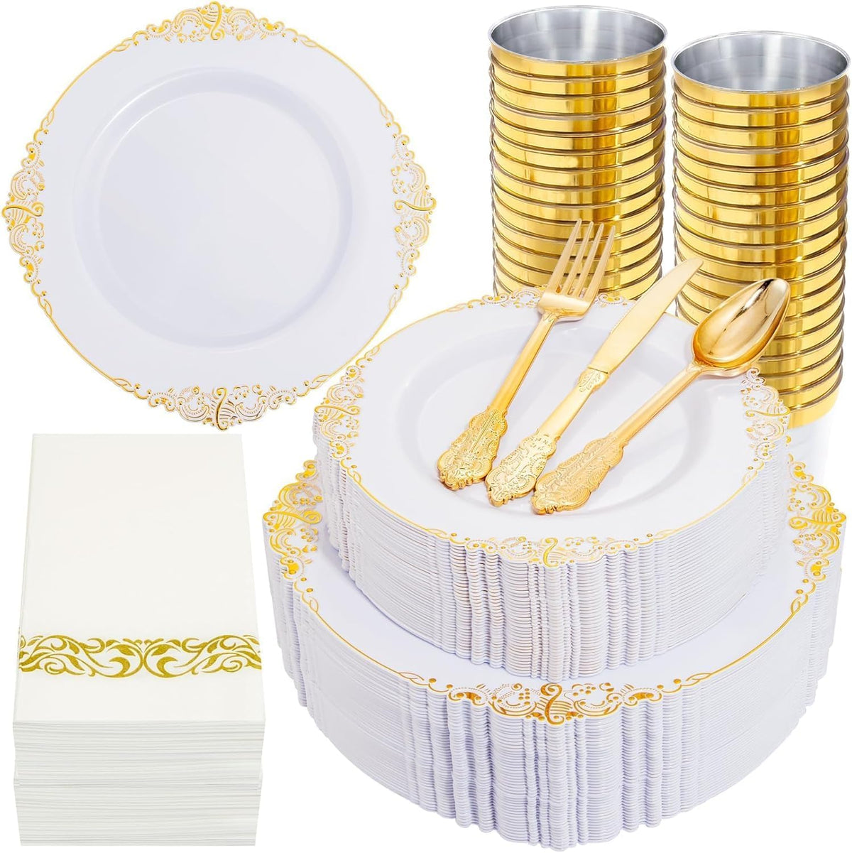 Nervure 350Pcs Gold Plastic Plates, Disposable Dinnerware Set for 50 Guests