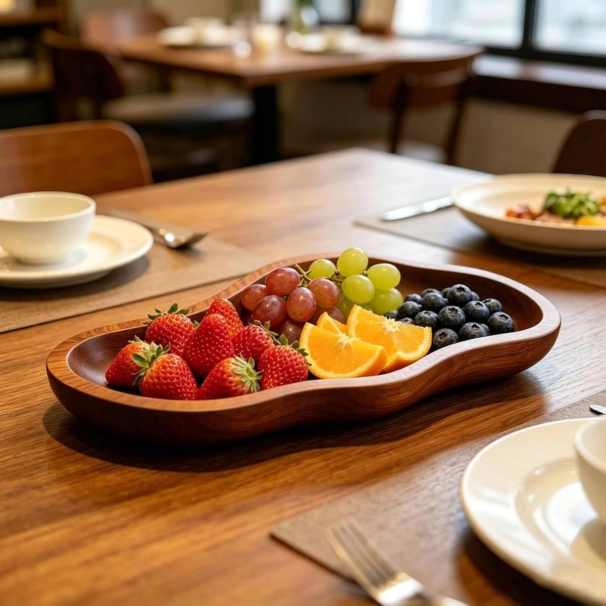Wooden Serving Bowl Tray Platter Dish With Rustic Look And Shallow Basin For Easy Access Solid Carved Wood For Fruit Snacks Arrangement suitable for kitchen buffet coffee table, Wood Grain