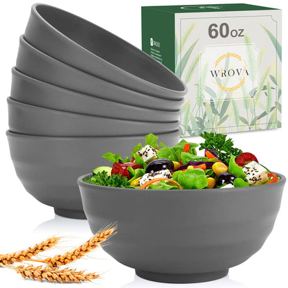Wrova Wheat Straw Bowls Set 60 OZ Unbreakable Large Cereal Bowls Set of 6 Microwave and Dishwasher Safe Bowls Big Bowls for Camping and Picnic BPA Free Soup Bowl for Serving Oatmeal and Salad. Black