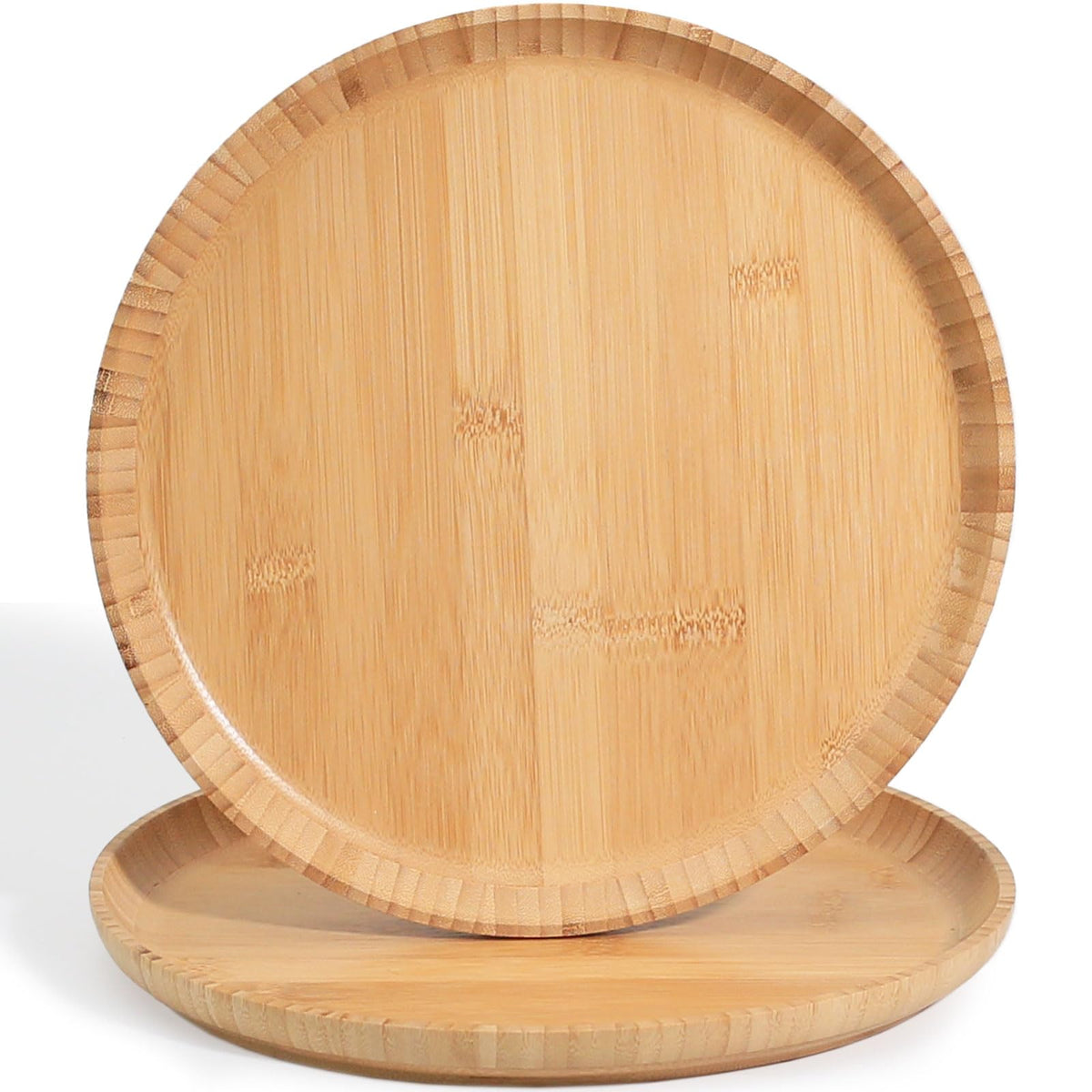 Bamboo Dinner Plates Set of 2, 7.5-inch Wooden Serving Plates with Raised Edges for Snack/Dessert, Round Lightweight Dishes Doubles as Pasta Bowls for Fruit/Salads, Wide and Shallow