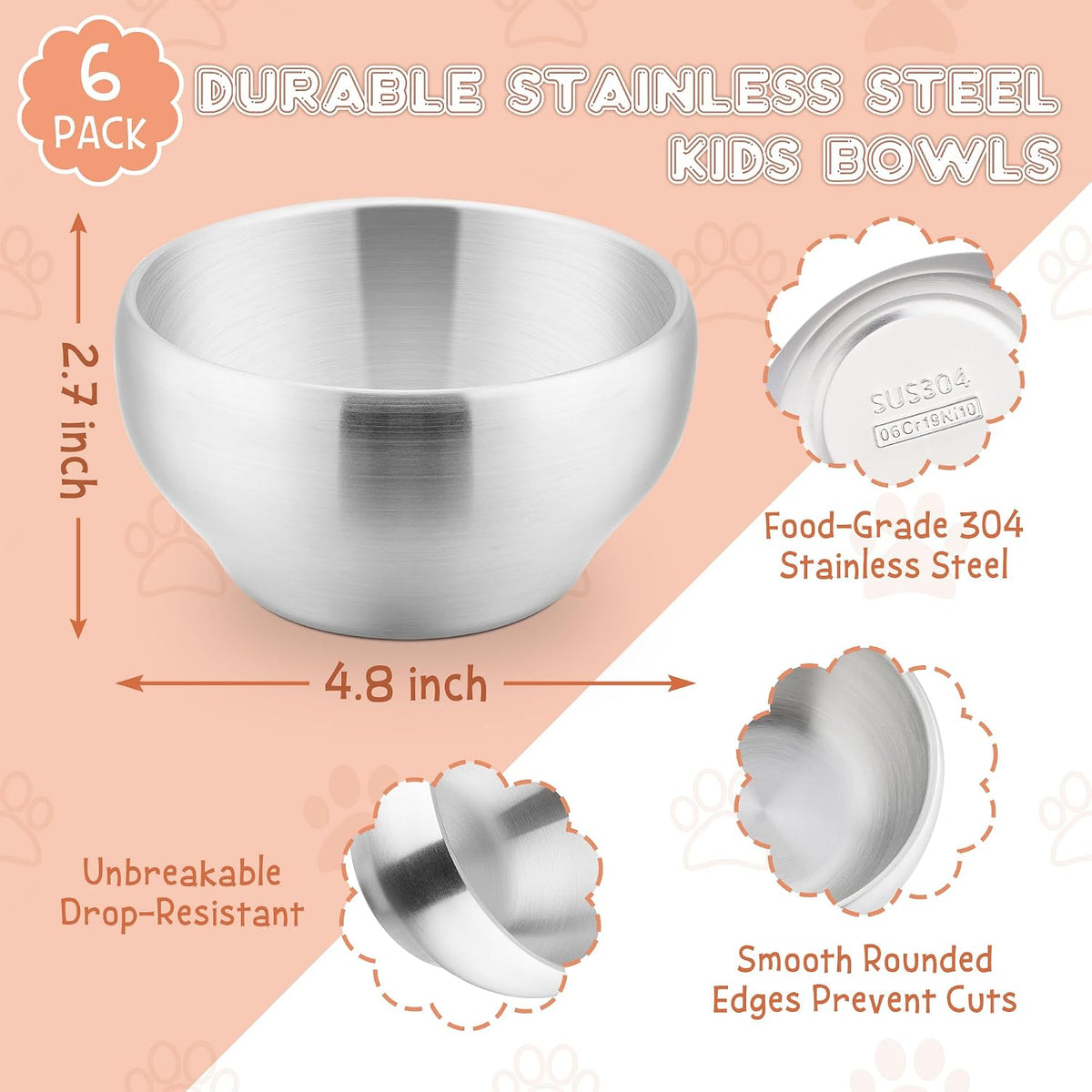 E-far Stainless Steel Bowls for Kids-6 Pack, 12oz Metal Baby Toddler Bowls