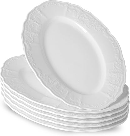 Neaylfe Ceramic Dinner Plates Set of 6, 10 inch Oval Embossed White Plates for Salad, Dessert, Appetizer, Steak, Large Flat Serving Plates for Kitchen, Restaurant, Parties