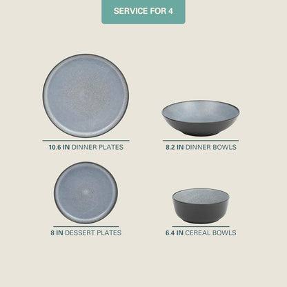 Gibson Elite Tribeca Loft 16-Piece Dinnerware Set – Matte Black and Blue Reactive Glaze Stoneware, Double Bowl Round Plates and Bowls – Modern Rustic Dinnerware for 4, Dishwasher & Microwave Safe