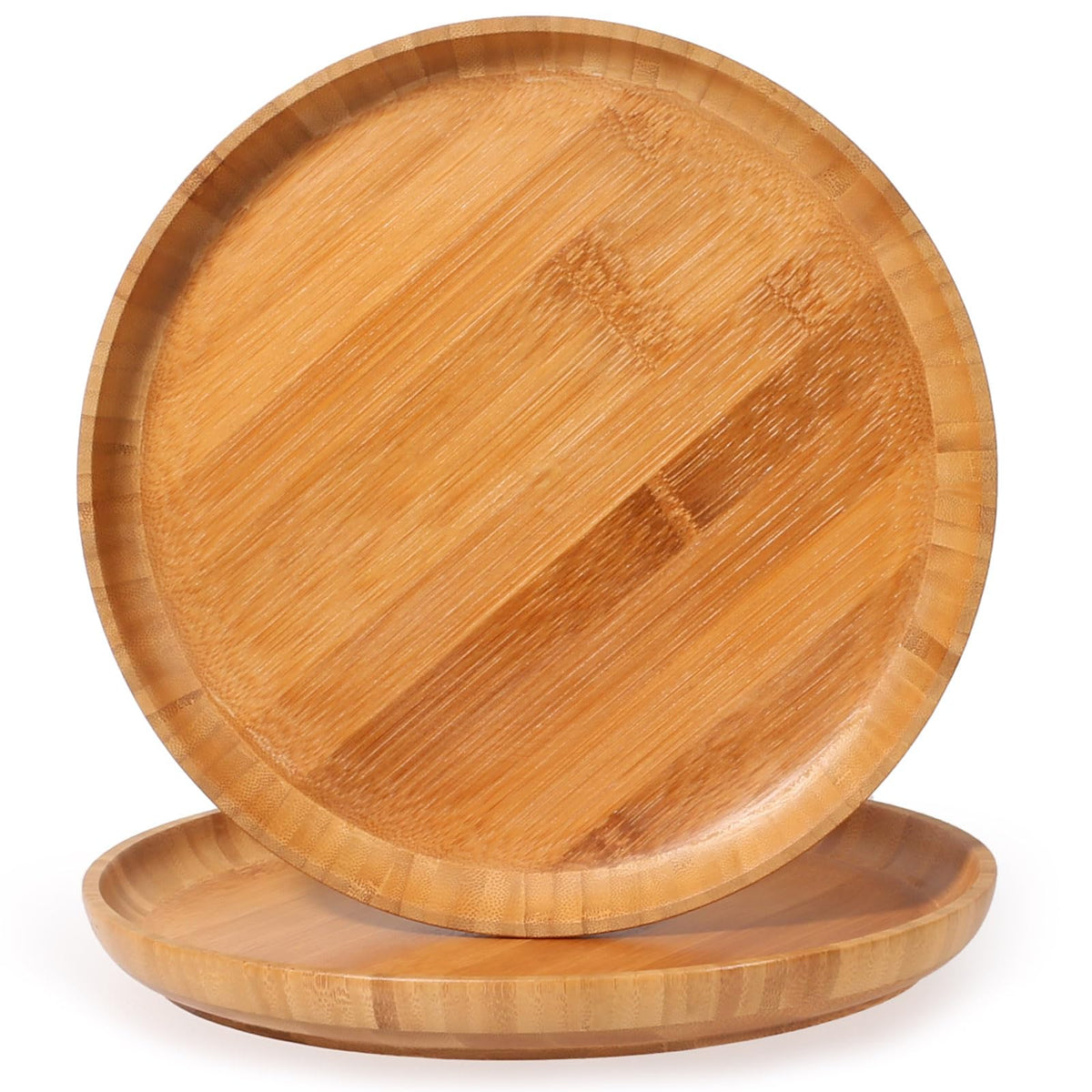 Bamboo Dinner Plates Set of 2, 7.5-inch Wooden Serving Plates with Raised Edges for Snack/Dessert, Round Lightweight Dishes Doubles as Pasta Bowls for Fruit/Salads, Wide and Shallow