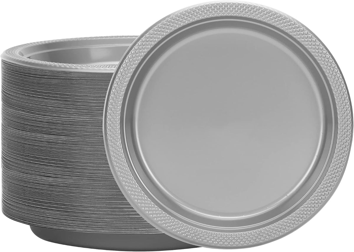 Silver Solid Color Premium Heavy Weight Plastic Dinner Plate (9") 50 Count - Premium Plastic, Elegant & Durable, Perfect for Events