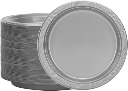 Silver Solid Color Premium Heavy Weight Plastic Dinner Plate (9") 50 Count - Premium Plastic, Elegant & Durable, Perfect for Events