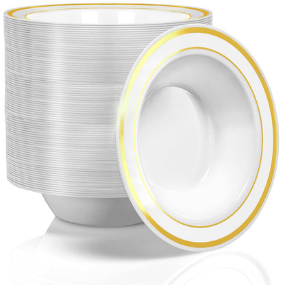 Stock Your Home Plastic Party Bowls (50 Pack) 12 Oz Elegant Disposable Dinnerware - Fancy Shatterproof Tableware for Catering, Holidays, Parties Supplies, Weddings, Catering, and Everyday Use (Gold)