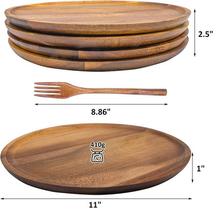 Wooden Plates, Wood Dinner Plates with Forks, Reusable Handmade Natural Wood Flatware Set for Cooking, Eating, Housewarming(Set of 4, Large 11" x 11")