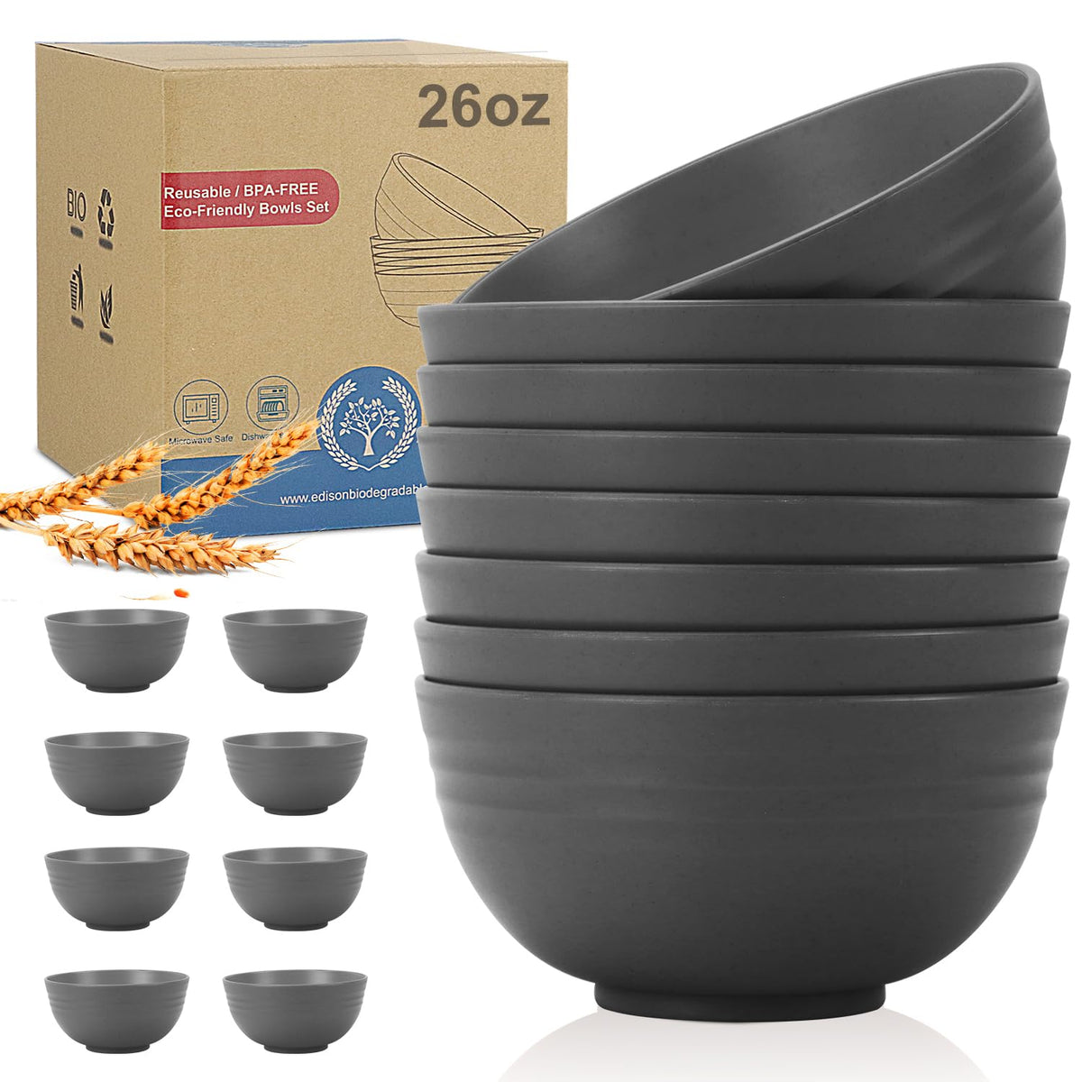 Wrova Wheat Straw Bowls Set 60 OZ Unbreakable Large Cereal Bowls Set of 6 Microwave and Dishwasher Safe Bowls Big Bowls for Camping and Picnic BPA Free Soup Bowl for Serving Oatmeal and Salad. Black