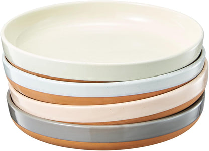 Khen Ceramic Flat Pasta Bowl Plate Set of 4-35oz, Microwave Safe with High Edge for Kitchen and Eating, Large Wide Bowls/Plates for Serving Dinner, Lunch, Salad, Cereals - Pastel Neutral Colors Gift