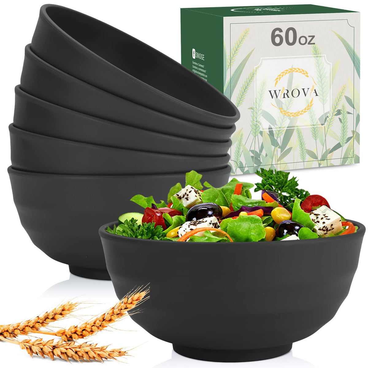 Wrova Wheat Straw Bowls Set 60 OZ Unbreakable Large Cereal Bowls Set of 6 Microwave and Dishwasher Safe Bowls Big Bowls for Camping and Picnic BPA Free Soup Bowl for Serving Oatmeal and Salad. Black