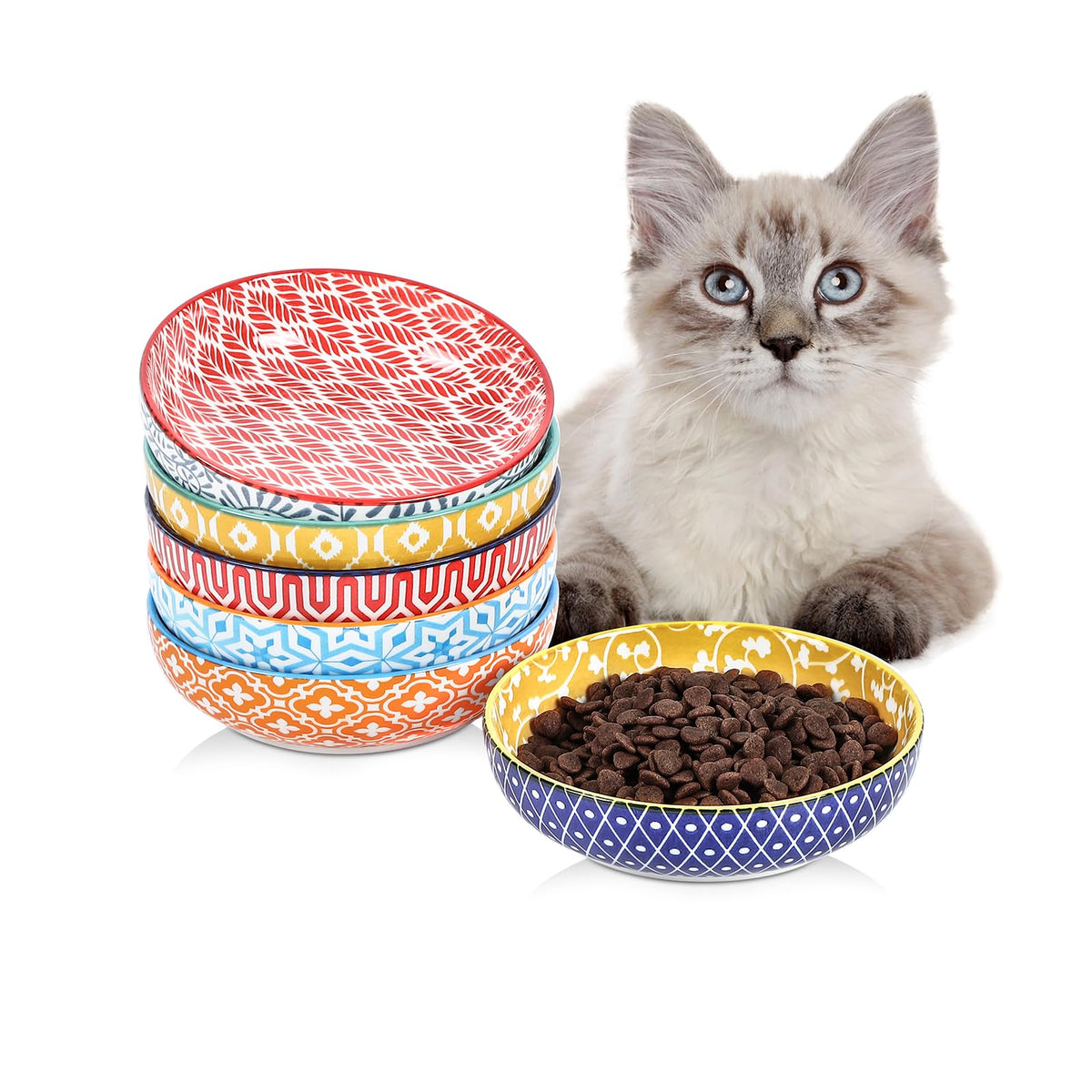 Selamica Ceramic Cat Bowls Set of 6, 5.6 Inch Cat Food Bowl, Gradient Blue