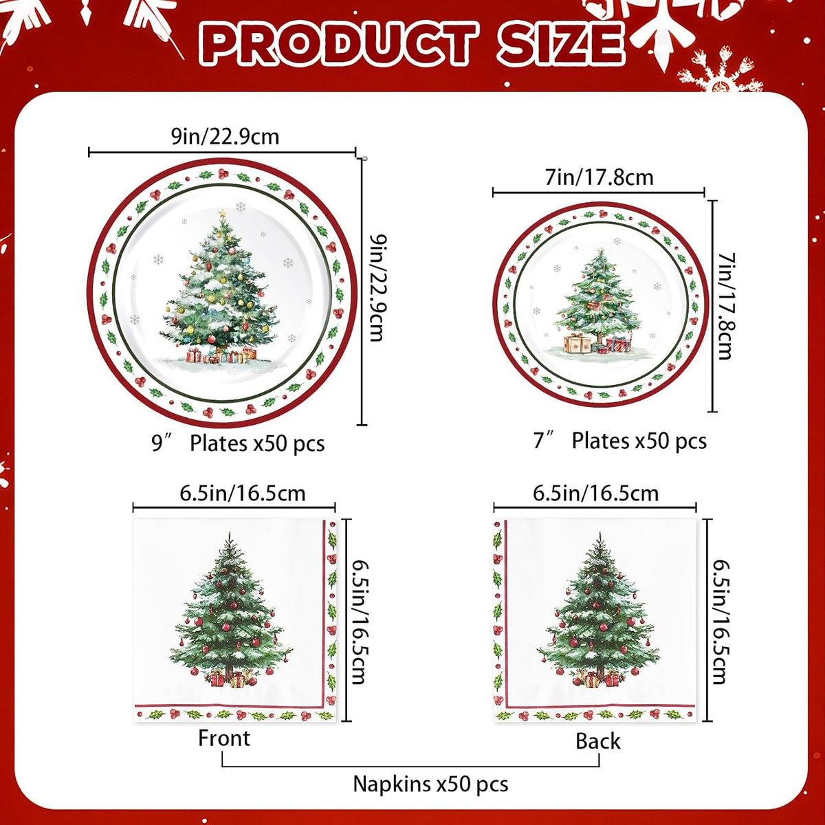 Christmas Plates and Napkins, Disposable Party Tableware Set, Serves 50