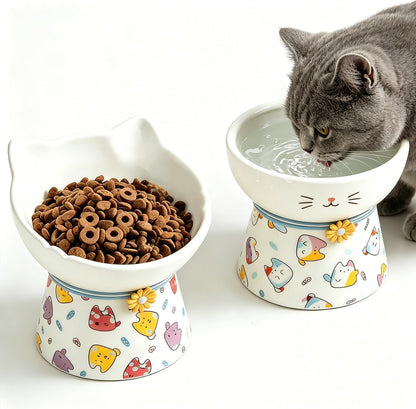 Elevated Ceramic Cat Bowls，15° Tilted Raised Cat Food Bowl, Anti Vomiting Pet Feeder, Protect Pet's Spine, Feeding Dish for Indoor Kittens and Small Dogs,（ Cat Pattern）