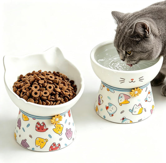 Elevated Ceramic Cat Bowls，15° Tilted Raised Cat Food Bowl, Anti Vomiting Pet Feeder, Protect Pet's Spine, Feeding Dish for Indoor Kittens and Small Dogs,（ Cat Pattern）