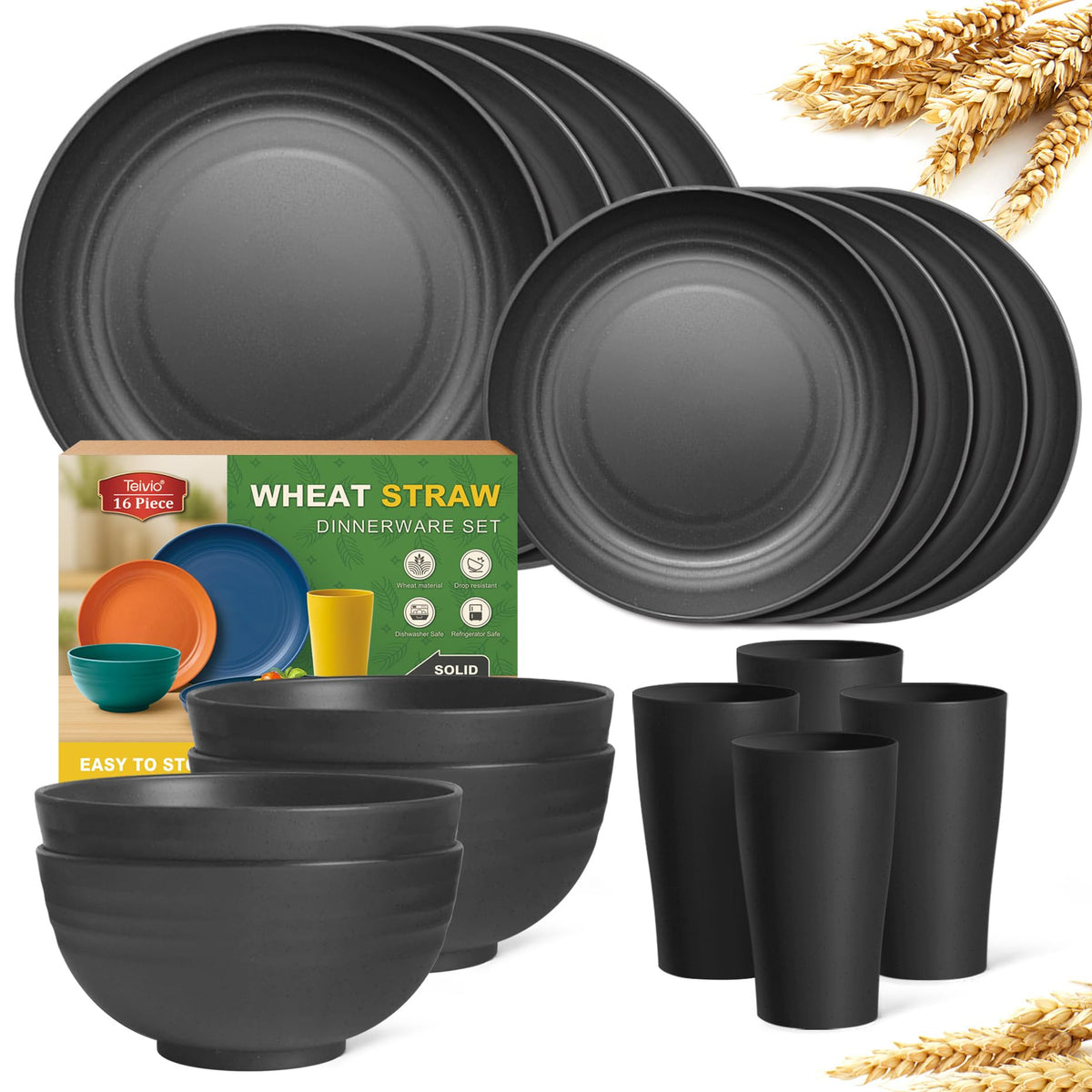 Teivio 16-Piece Kitchen Plastic Wheat Straw Dinnerware Set, Service for 4, Dinner Plates, Dessert Plate, Cereal Bowls, Cups, Unbreakable Plastic Outdoor Camping Dishes,Pink