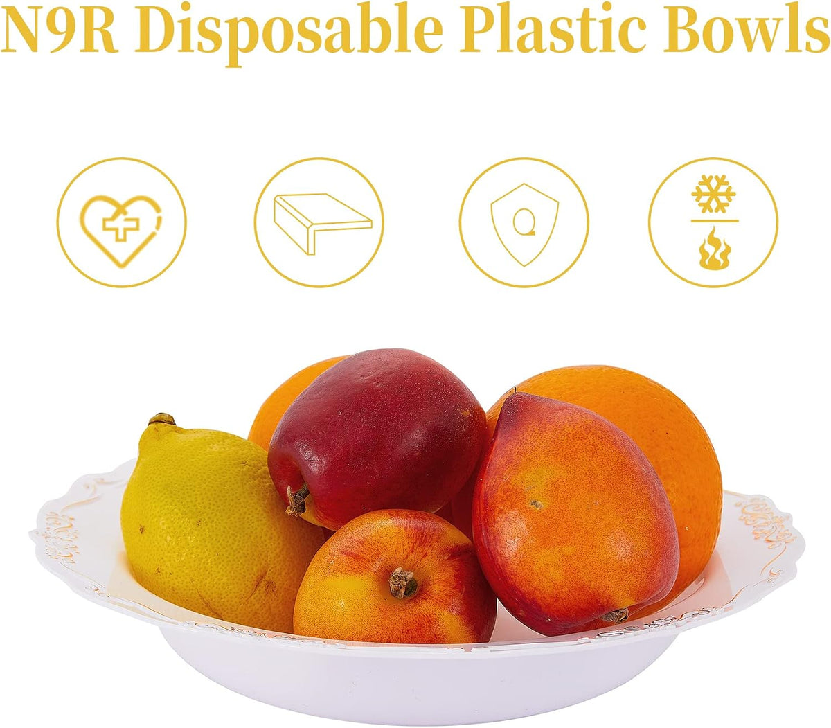 N9R 30PCS Disposable Plastic Soup Bowls, 12 oz Fancy White Gold Relief Bowl