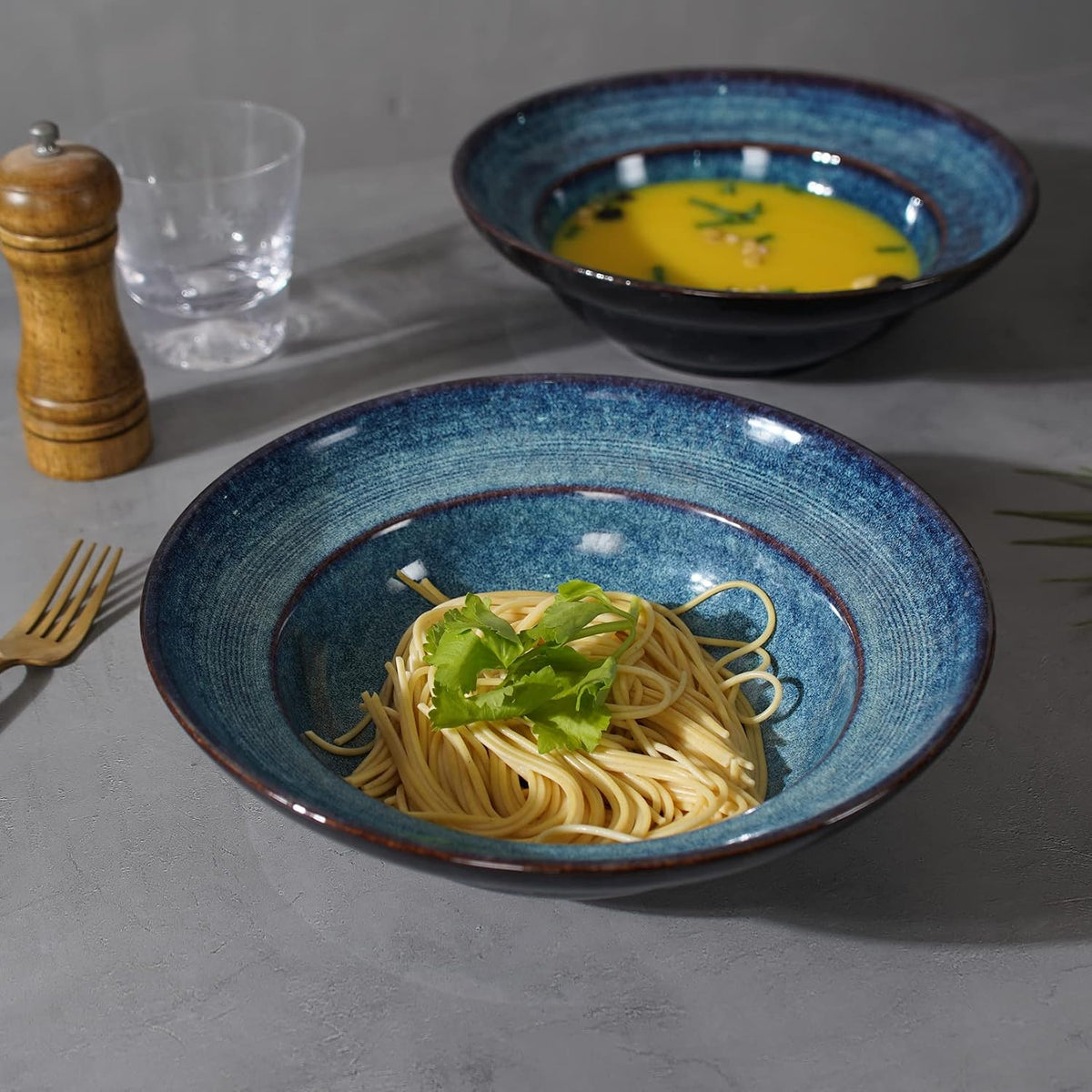 Ceramic Pasta Salad bowl, 10" Wide Rim Soup Bowls, 48oz Deep Porcelain Pasta Plate,Set of 2,Large Serving Bowls for Kitchen,Microwave Safe(Starry Blue)