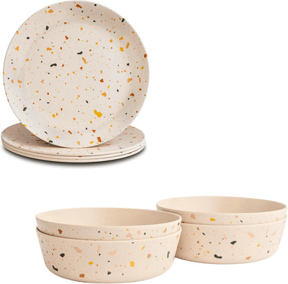 Nook Theory Bamboo Dinnerware Set for Kids – 18 Oz Bowls and Plates Combo for Everyday Meals (Celebration 8")