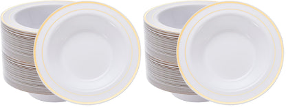 N9R 30PCS Disposable Plastic Soup Bowls, 12 oz Fancy White Gold Relief Bowl