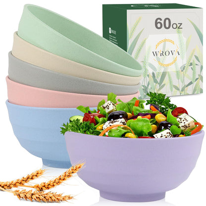 Wrova Wheat Straw Bowls Set 60 OZ Unbreakable Large Cereal Bowls Set of 6 Microwave and Dishwasher Safe Bowls Big Bowls for Camping and Picnic BPA Free Soup Bowl for Serving Oatmeal and Salad. Black