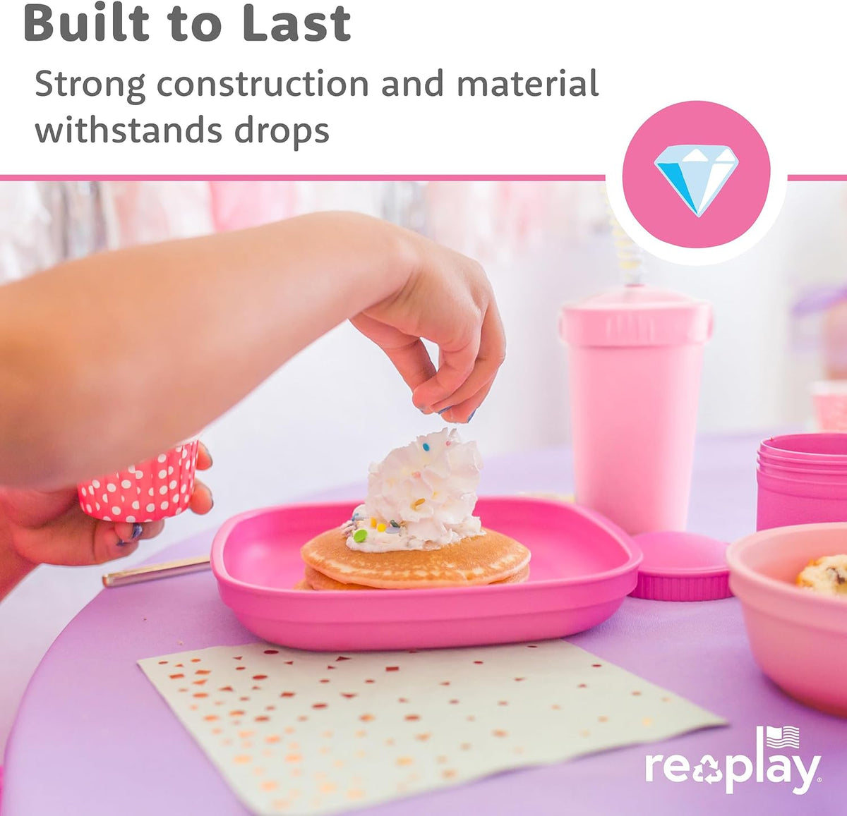 Re-Play Toddler Plates - 22 Oz. Deep-Walled Flat Kids Plates - Dishwasher & Microwave Safe - Made in USA - Set of 3-7.37" x 7.37" x 1.25" - True Blue